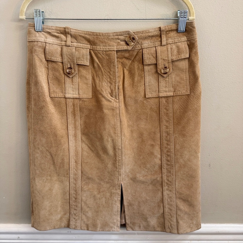 VS2 by Vakko Tan Suede Leather Pencil Skirt Size 8 Cargo Pocket Detail Tan